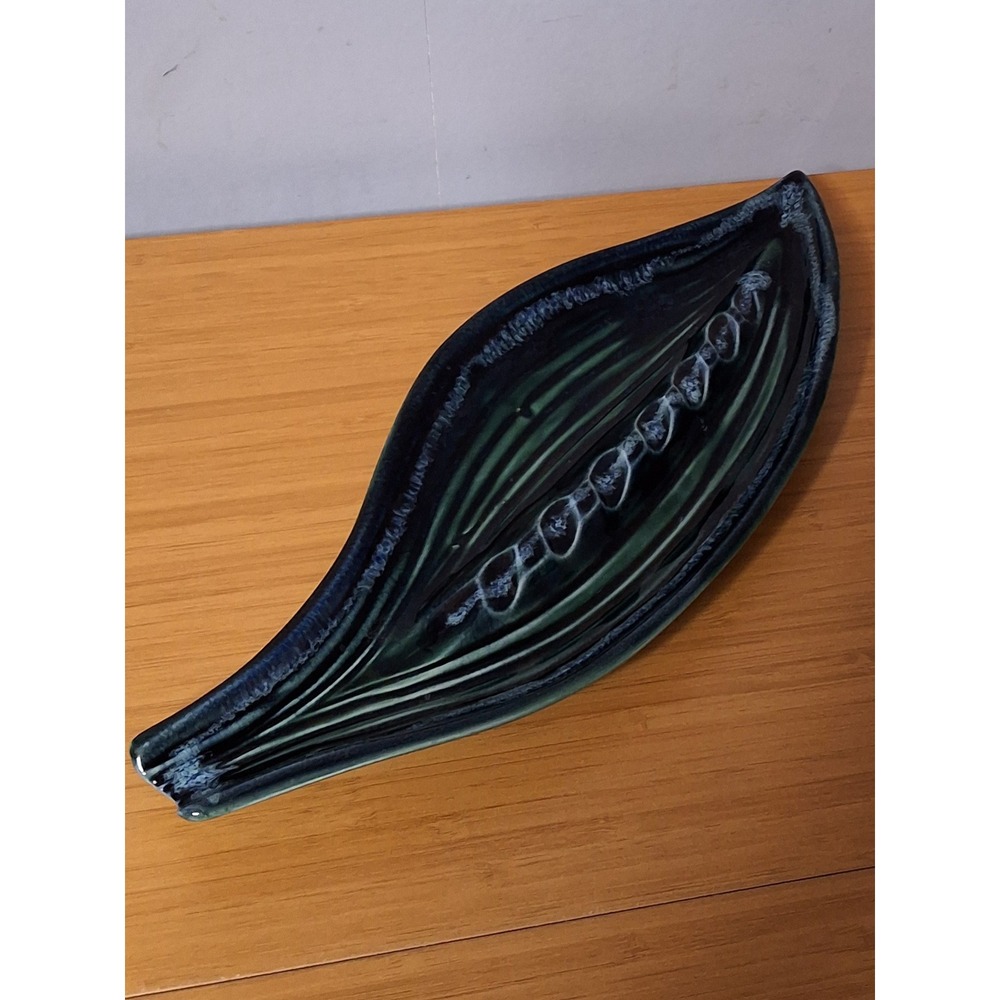 Vintage USA Pottery Ceramic Leaf Tray Drip Glaze Teal Green Blue MCM Ashtray 13"